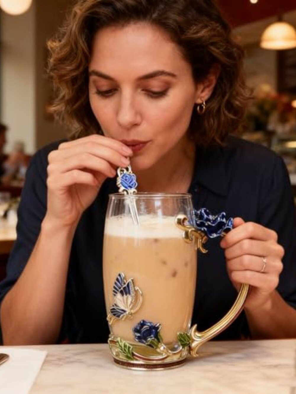 Gifts for Mom Women Unique Blue Tea Mug With Spoon Set & Flower Decoration